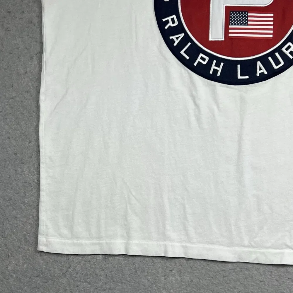 Polo Ralph Lauren Crewneck T-Shirt Men’s Large White Crest/ US Flag Embroidered